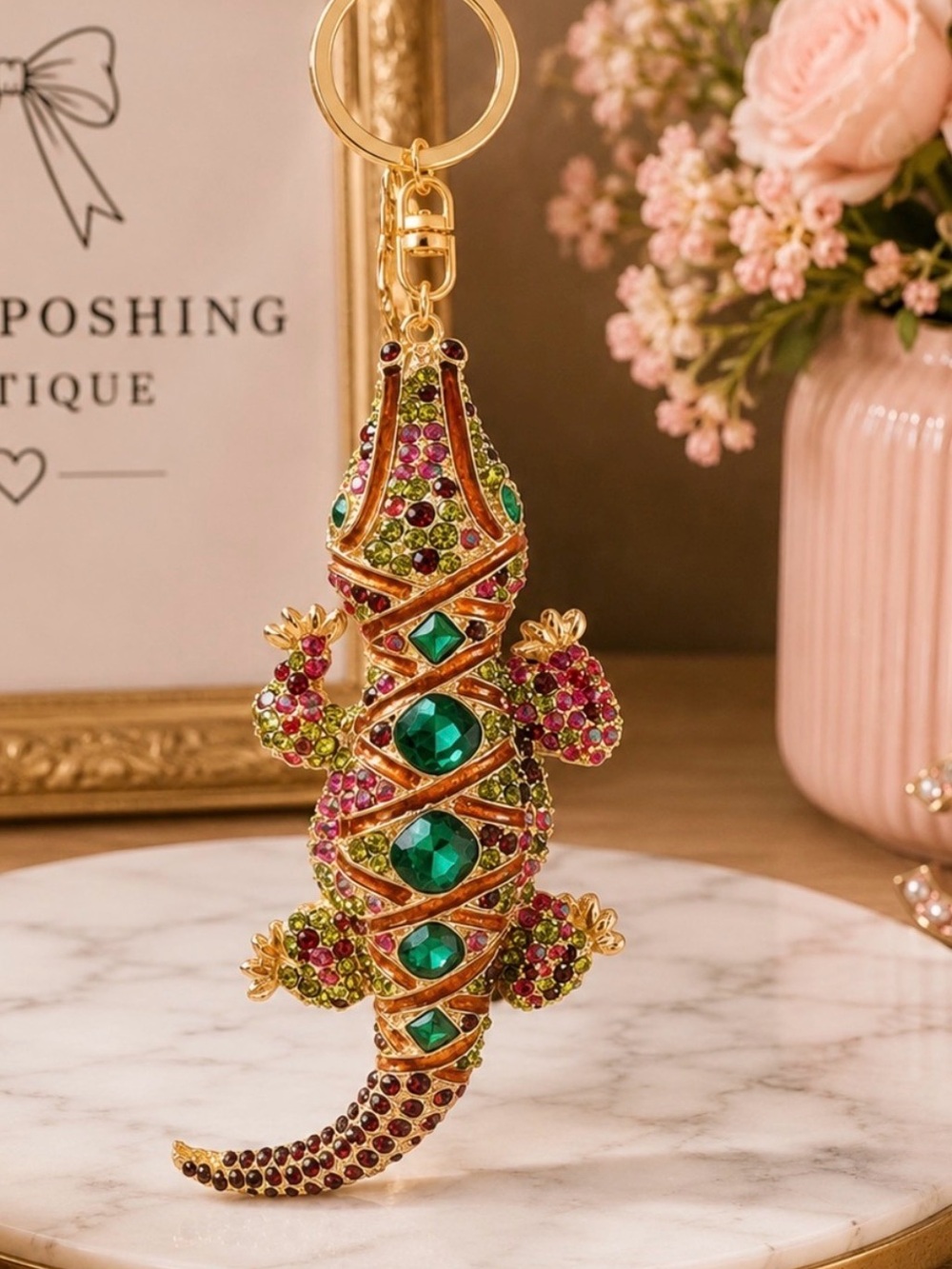Gold-Tone Multicolor Crystal Gator Keychain - Green Accent